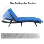 Adjustable blue lounge chair with five recline settings, demonstrating various angles from upright to flat.