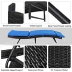 Features of a sun lounger with scratch-proof footpads, middle support, steel frame powder coating, adjustable jagged support, water-proof wicker, and uv protection wicker.