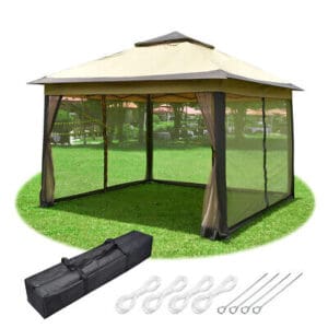A gazebo with netting and a bag.