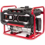 Portable gasoline generator with red frame and control panel.