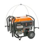 Portable gas-powered generator on wheels with a protective frame.