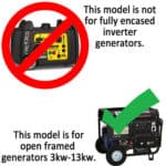 A comparison graphic showing that a specific model is not suitable for fully encased inverter generators but is appropriate for open framed generators between 3kw to 13kw.