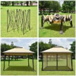 Four different pictures of a gazebo with netting.