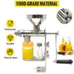 Stainless steel manual juicer advertised as food-grade, durable, and easy to clean.