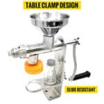 Manual meat grinder with table clamp design and slide-resistant feature.