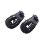 Two black clip-on guitar tuners on a white background.