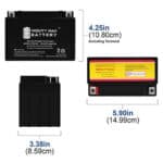 Two images of a 12v sealed lead-acid battery with dimensions labeled: 4.25 inches (10.80 cm) in height, 5.90 inches (14.99 cm) in length, and 3.38 inches (8.59 cm) in width.