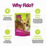 Advertisement for fido's belly bone dental care dog treats with health benefits highlighted.