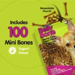 Package of "belly bone" dental care mini bones in yogurt flavor, featuring 100 pieces and a small dog, with a resealable pouch design.