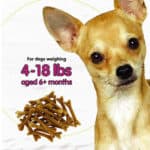 A small tan dog next to text and an image of dog treats, with the text indicating the treats are for dogs weighing 4-18 lbs and aged 6+ months.