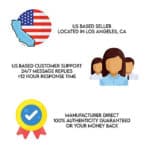 Infographic highlighting a us-based seller in los angeles with 24/7 customer support, fast response time, and a guarantee of product authenticity.