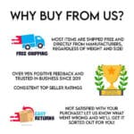 An infographic highlighting the benefits of purchasing from a seller, including free shipping, positive feedback, long-term seller status, and easy returns.