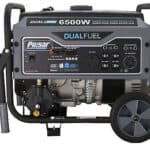 Portable dual-fuel 6500w generator with wheels and handle.