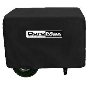 A generator covered with a black protective duromax cover.