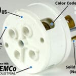 Three-prong electrical plug with labeled components and color-coded screw terminals.