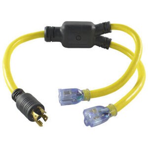 Yellow generator y-adapter cable with a 3-prong plug and two 3-prong connectors.