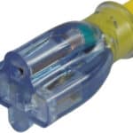 A close-up of a blue transparent ethernet rj45 connector on a yellow cable.