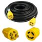A heavy-duty black extension power cord with yellow three-pronged plugs.