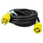 A black extension power cord with a yellow plug and connector.