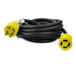 Black extension cord with yellow plugs.