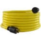 A coiled yellow extension cord with black connectors.