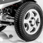 Close-up of a vehicle's alloy wheel and tire.