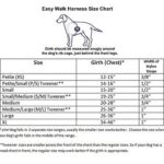 Size chart for easy walk dog harness with measurements for girth and width of straps across different sizes from petite to extra large.