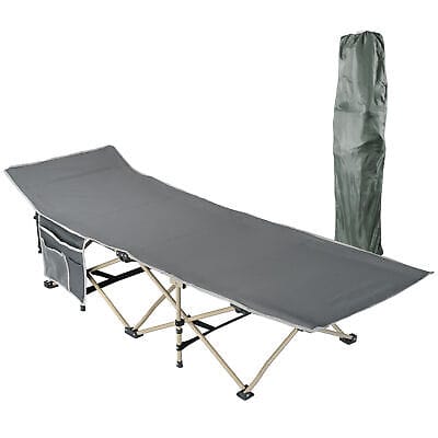 A folding bed with a cover and a bag.