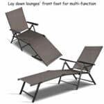 Adjustable reclining outdoor loungers with multi-function footrest.