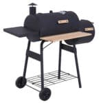 Traditional charcoal barbecue grill with side shelf and lower rack on wheels.