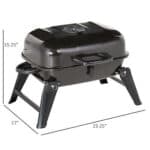 Portable charcoal grill with dimensions.