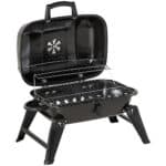 Portable charcoal grill with open lid.