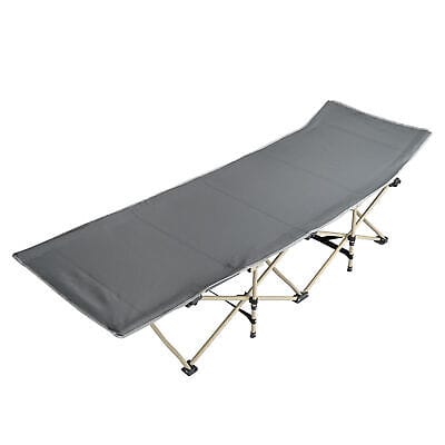 A folding camping bed on a white background.