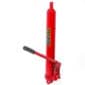 Red hydraulic bottle jack isolated on a white background.