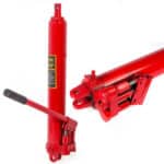 Hydraulic car jack with handle on a white background.