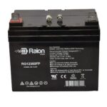 A sealed lead-acid battery by raion power, model rg12350fp, with visible specifications and warning labels.