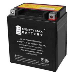 Mighty max battery, model ytx7l-bs, 12-volt 6-amp 12v 6ah sealed lead-acid battery with recycle and non-spillable labels.