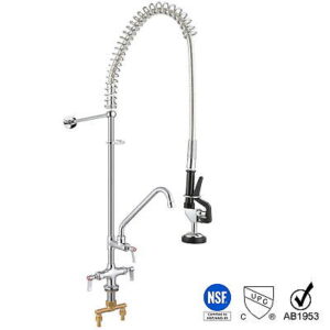 A kitchen faucet with a spout and a sprayer.