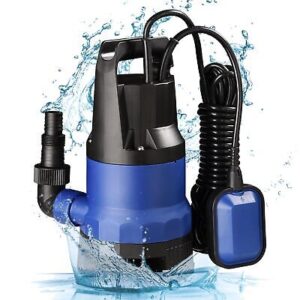 A blue submersible water pump with a hose attached to it.