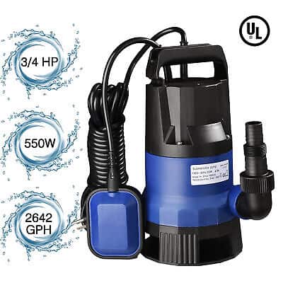 A blue submersible pump with a water hose.