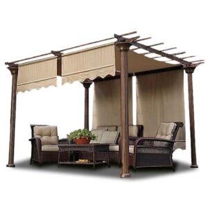 A patio gazebo with a beige canopy and wicker furniture.