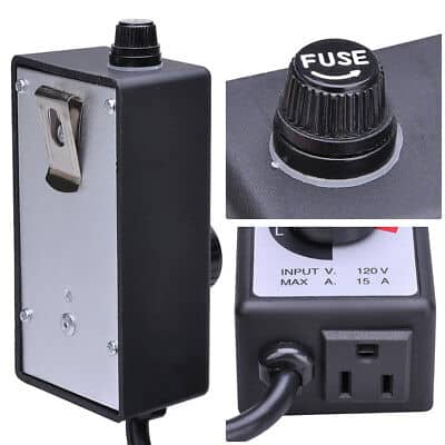 A power supply with a switch and a plug.