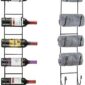 A wine rack with towels and wine bottles.