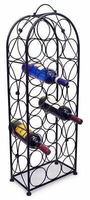 A black wine rack with six bottles in it.