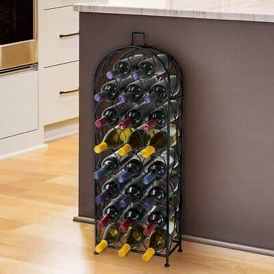 A black wine rack in a kitchen.