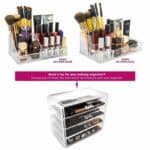 A clear makeup organizer with different types of cosmetics.