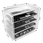 An image of a clear makeup storage box with measurements.