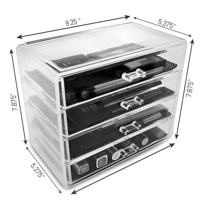 A clear acrylic storage box with four drawers.