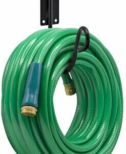 A green hose with a hook attached to it.