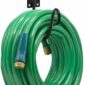 A green hose with a hook attached to it.